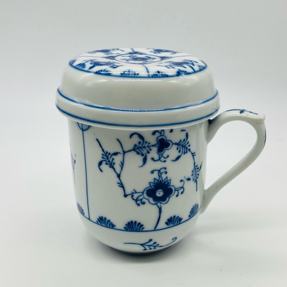 Japanese Tea Cup Set With Strainer & Lid-Blue And White Floral Motif